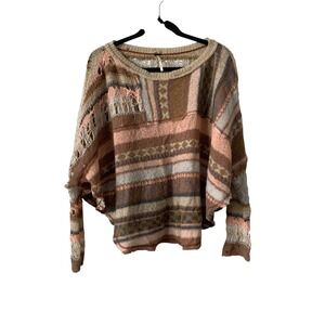 Free People Oversized Distressed Knit Sweater OS Pink Brown Boho OB385759